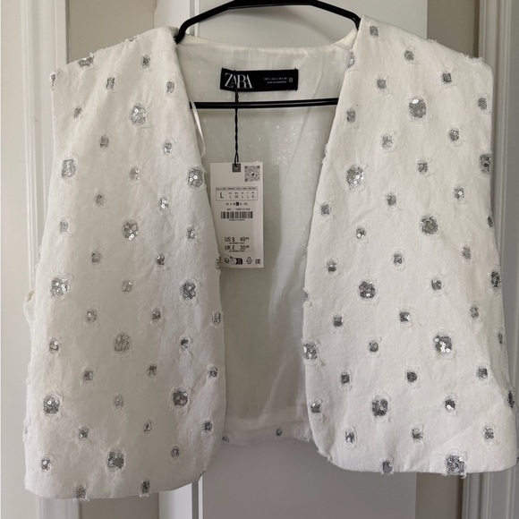 Zara Tops - Zara White Sequin Polka-Dot Cropped Vest